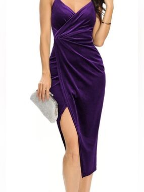 Missufe Sleeveless Velvet Wrap Midi Slit Cocktail Dress - Size Large